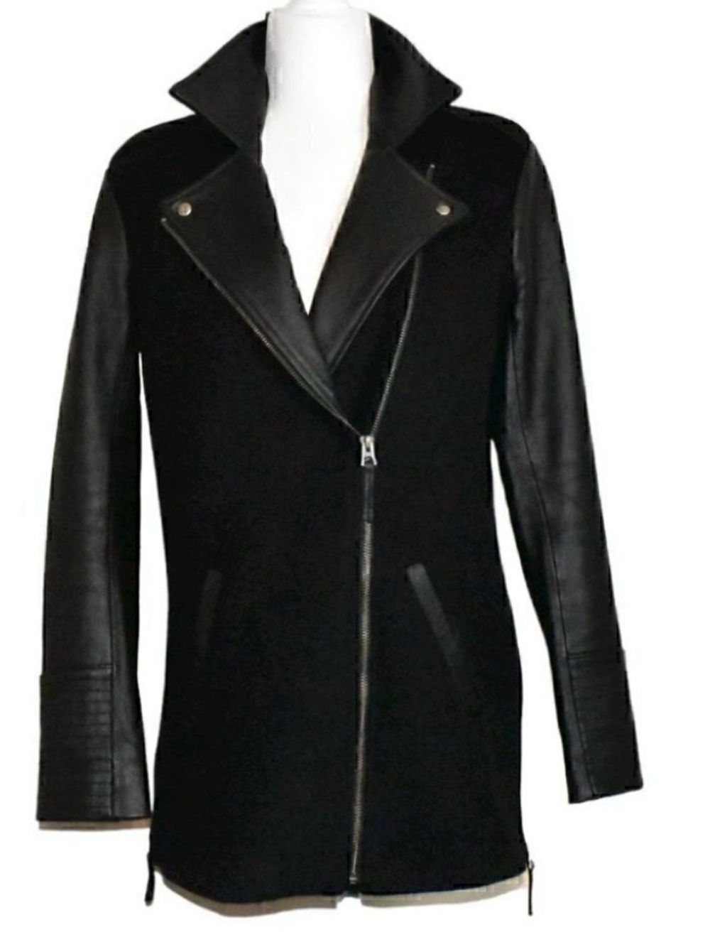 ⁠Lucky Brand Black Wool Leather Mid Length Moto Biker Jacket Coat Size S